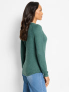Dark green mélange long-sleeve top with a round neck and subtly curved hem.