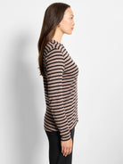 Long-sleeve henley shirt; taupe and black horizontal stripes.