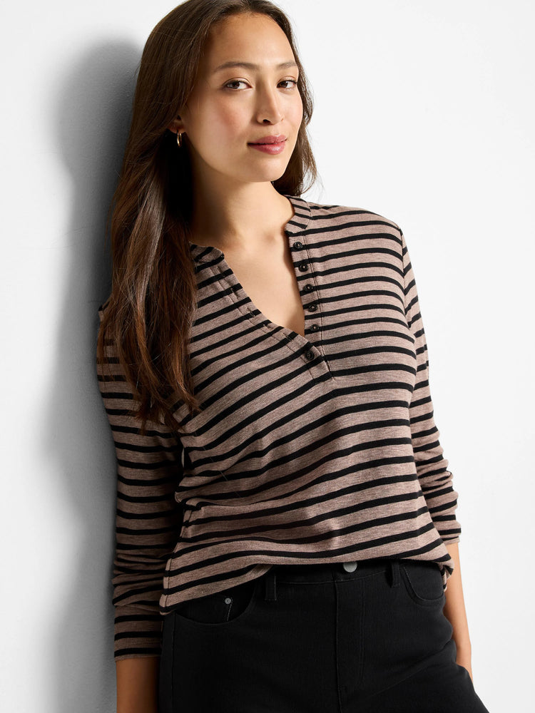 Long-sleeve henley shirt with taupe and black horizontal stripes, V-neck, and placket with buttons.