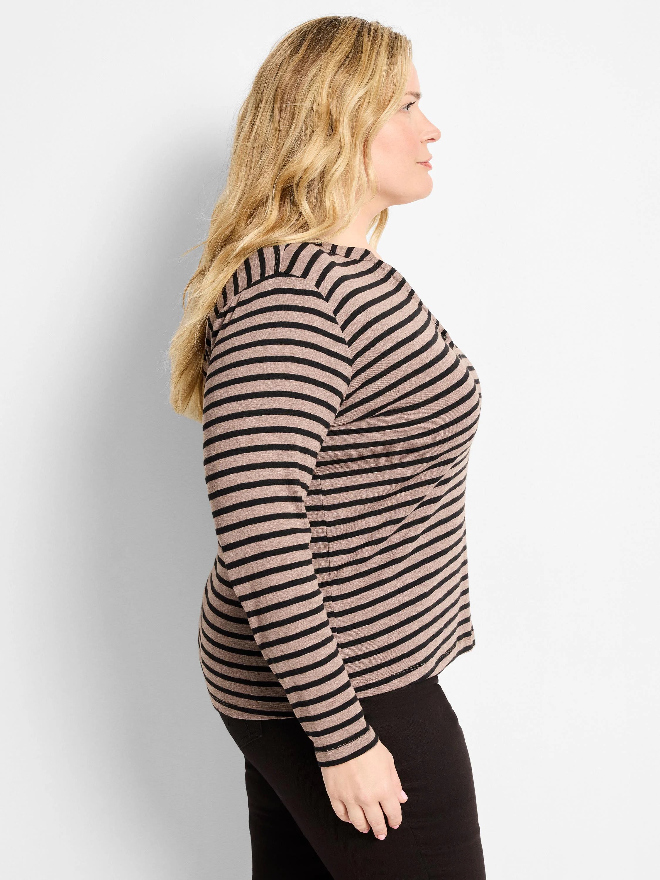 Brown and black horizontally striped long-sleeve henley shirt.