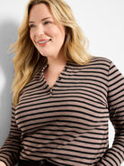 Mauve and black horizontal striped henley shirt; long sleeves, henley placket.