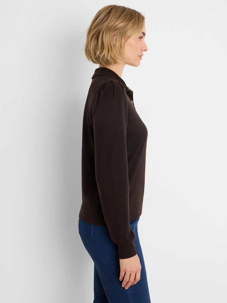 Dark brown collared top with puff sleeves and silver front buttons.