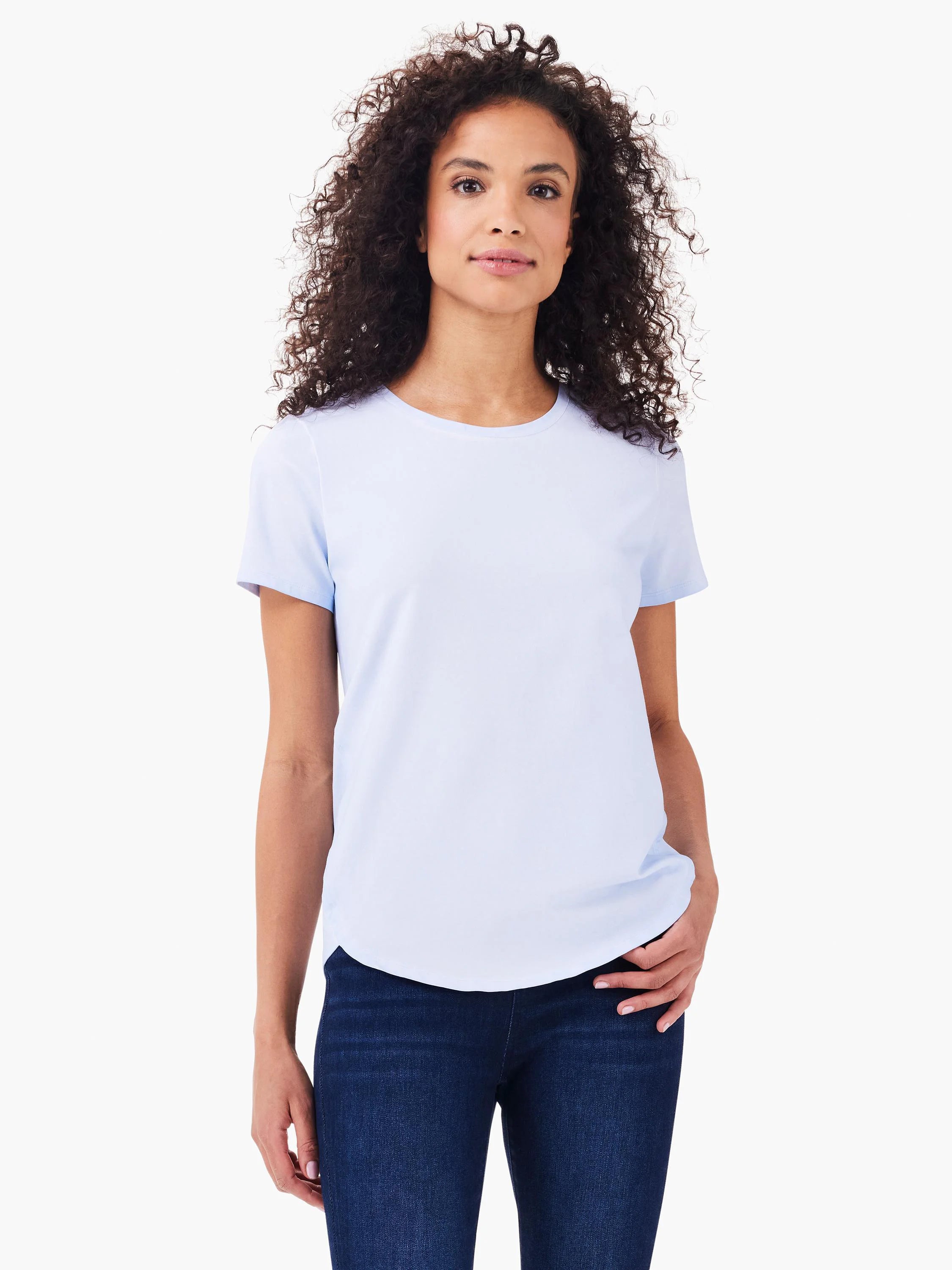 Light blue, short-sleeved crew neck tee shirt.