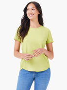 Light lime green, short-sleeve crew neck tee with a curved hemline.