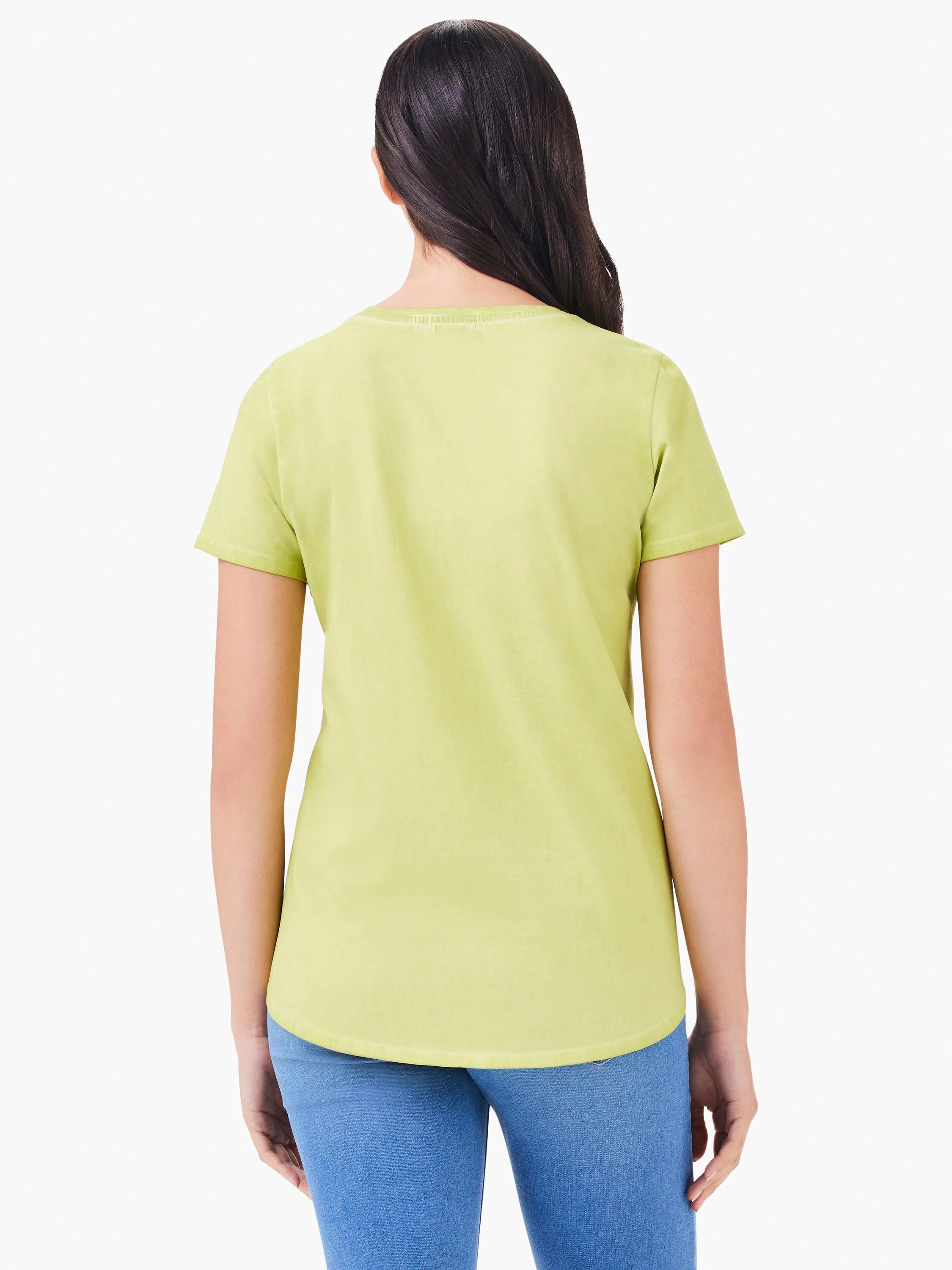Washed pale green short sleeve crew tee, back view, with a curved shirt tail hem.