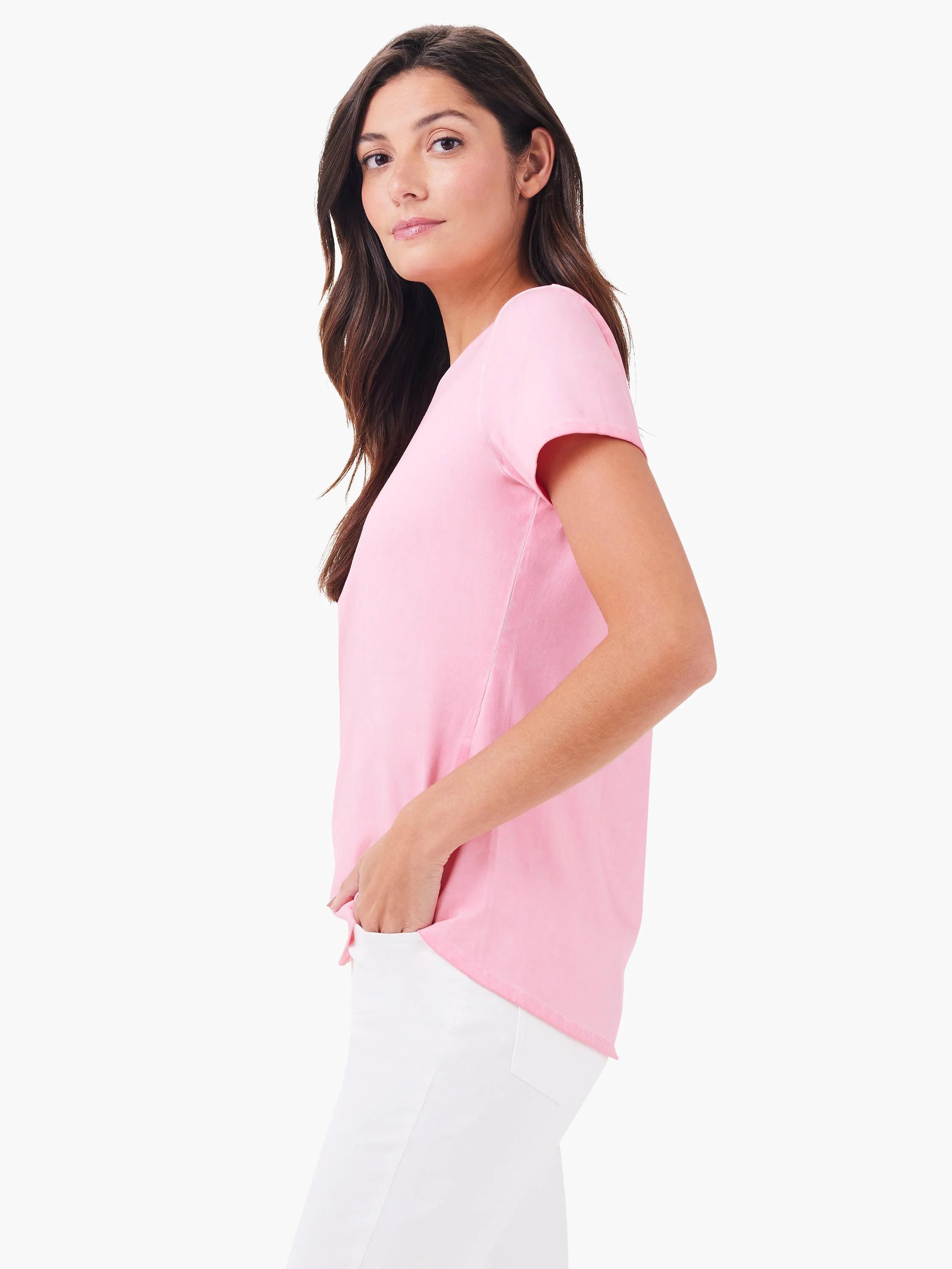 Light pink short-sleeve crew neck tee with a curved shirt tail hem.