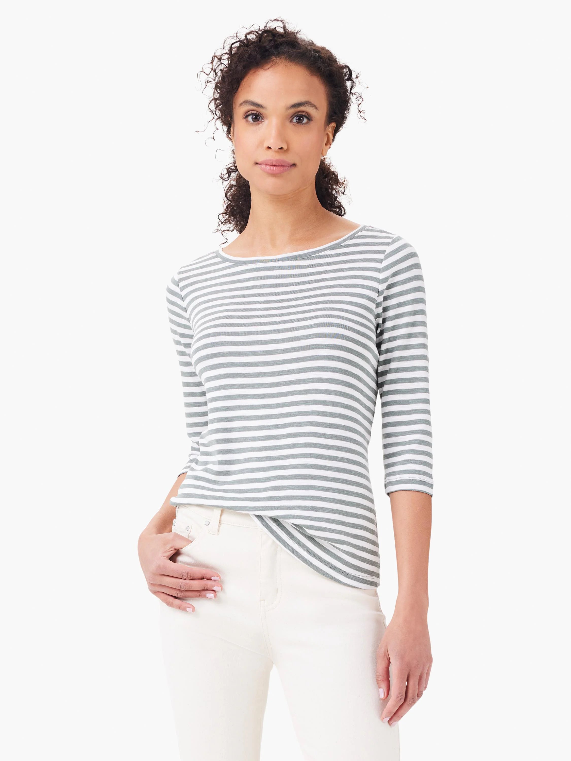 Nzt 3/4 Sleeve Stripe Boat Tee in Gri