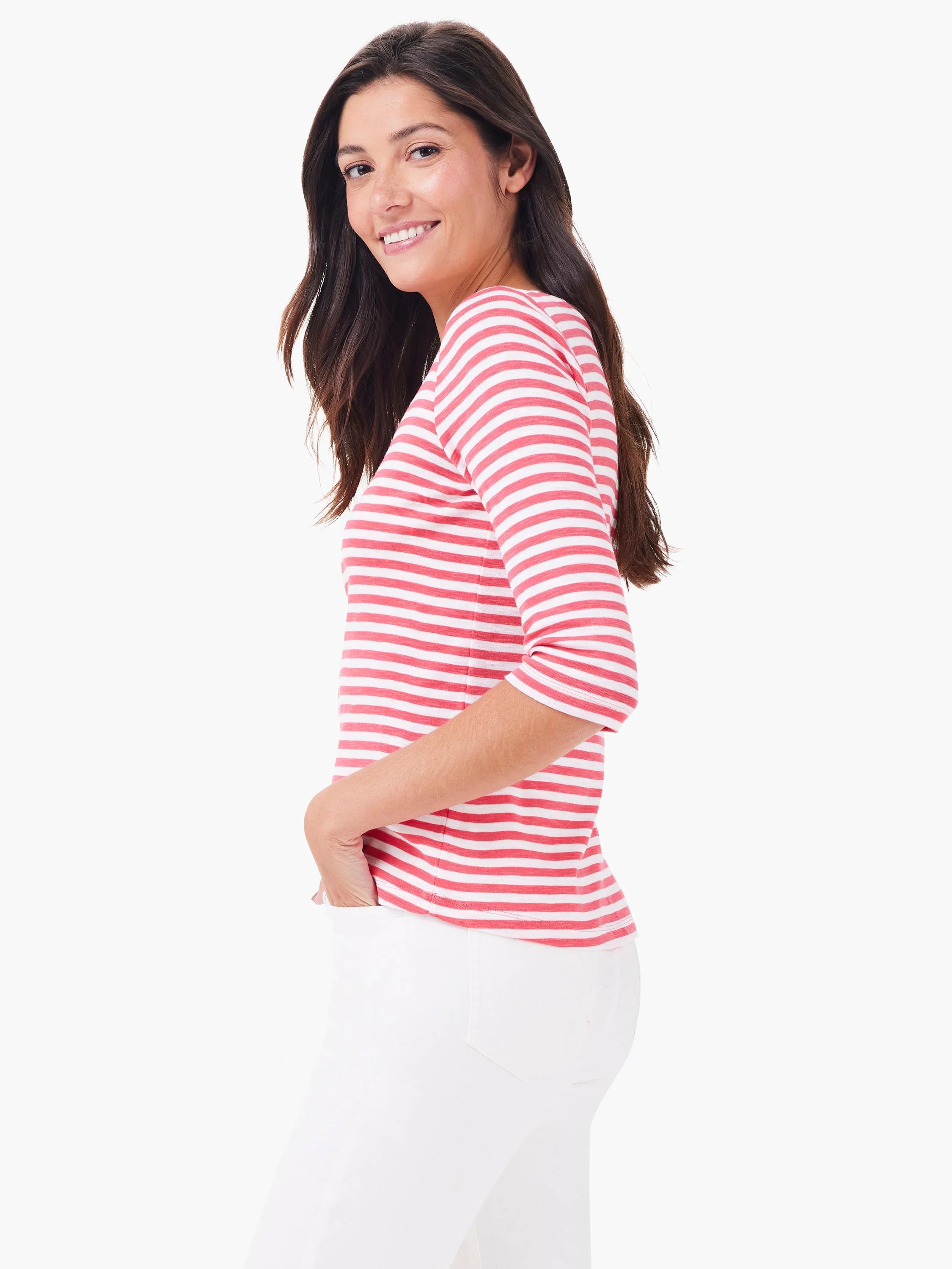 Red and white horizontal striped boatneck 3/4 sleeve shirt.