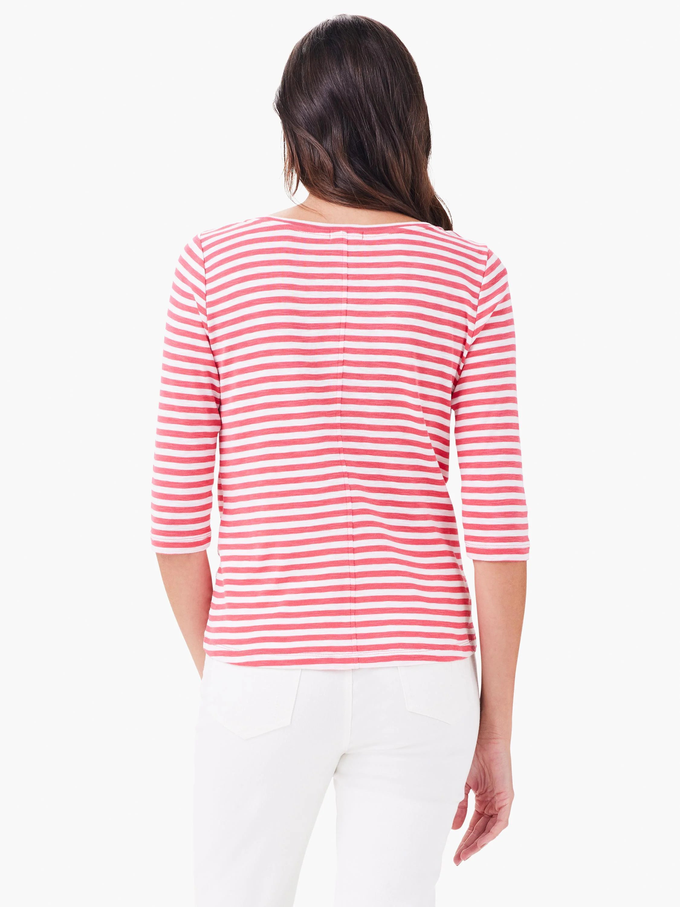 Red and white horizontal striped 3/4 sleeve boatneck shirt; viewed from the back.