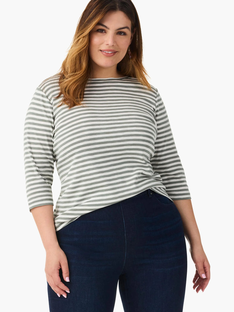 Sage green and white horizontal striped 3/4 sleeve boat neck tee.