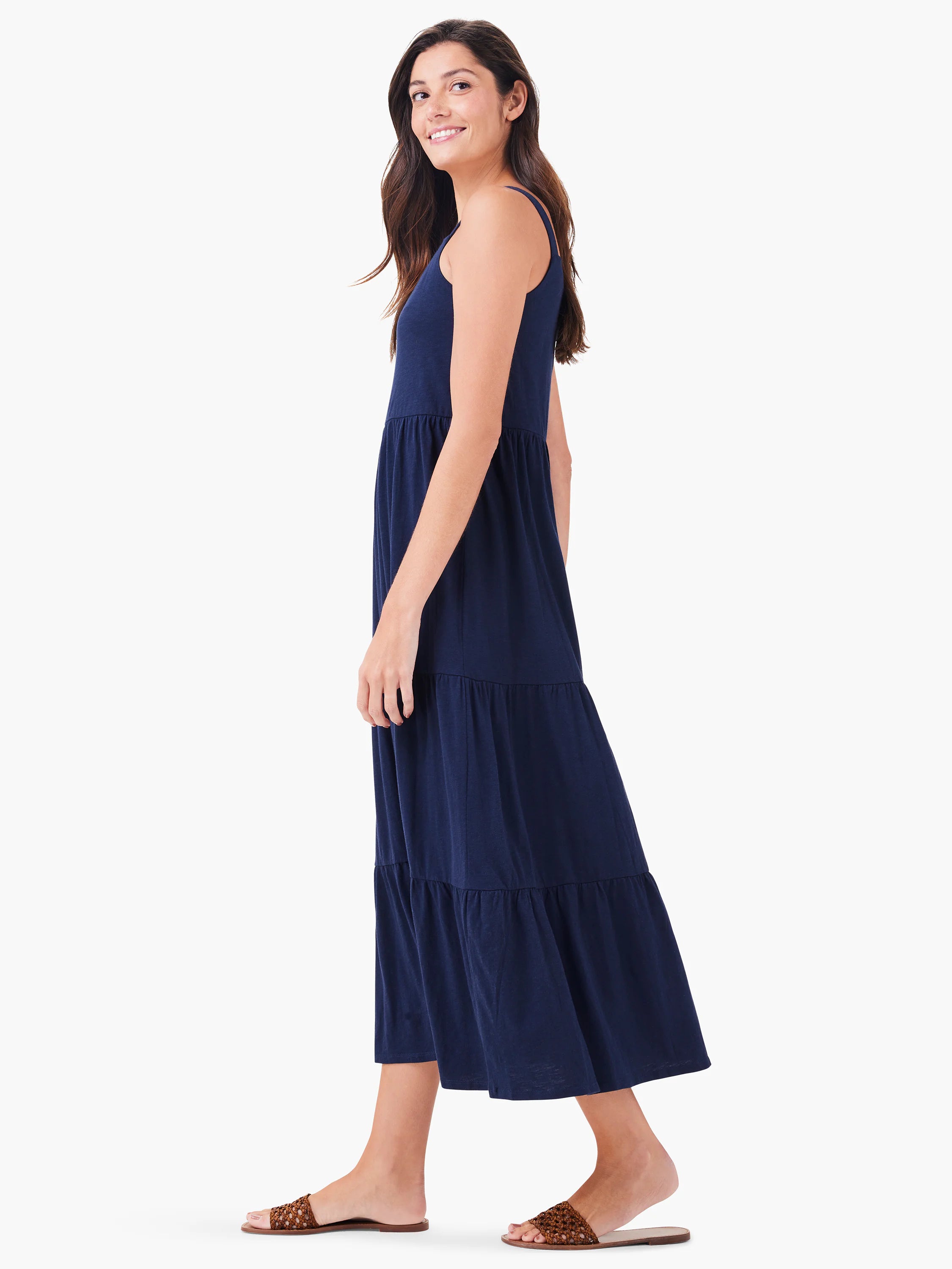 Navy blue tiered maxi dress. Sleeveless, midi length. Three tiers.