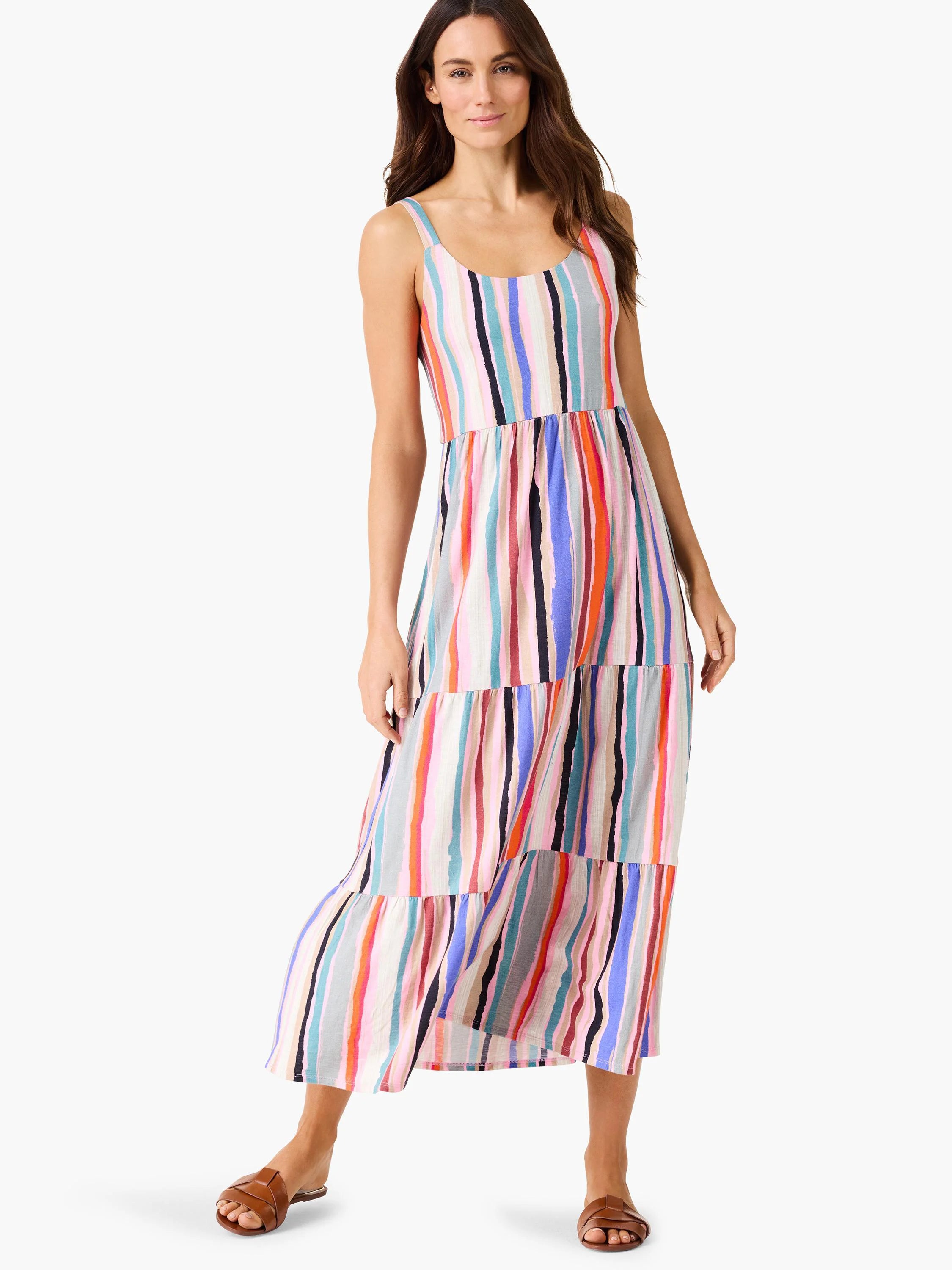 Multicolored maxi dress with vertical stripes in pink, orange, blue, and gray. Tiered skirt and sleeveless, scoop neck.