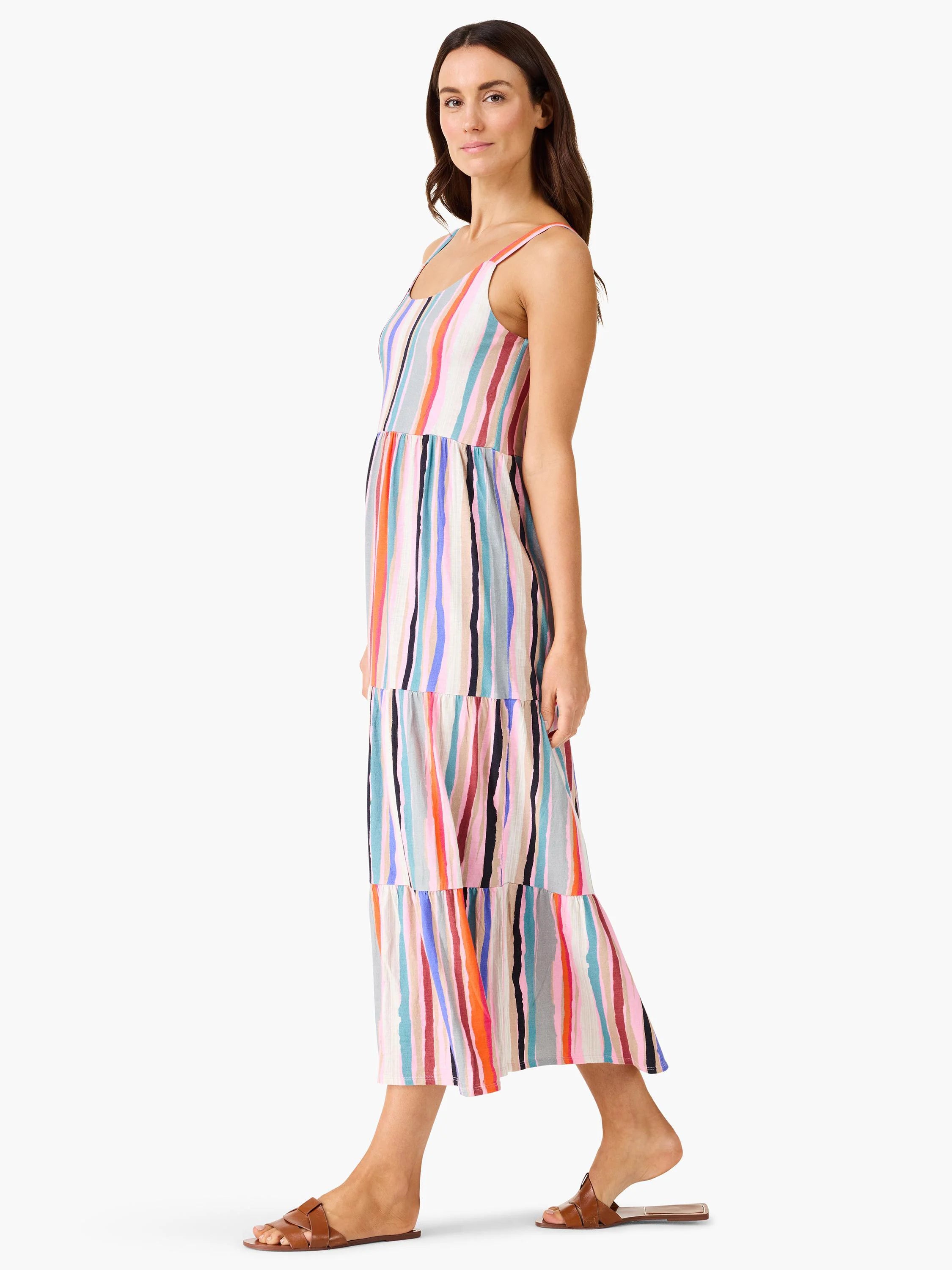 Multicolored tiered maxi dress with vertical stripes in pink, orange, blue, and teal on a cream background. Sleeveless,...
