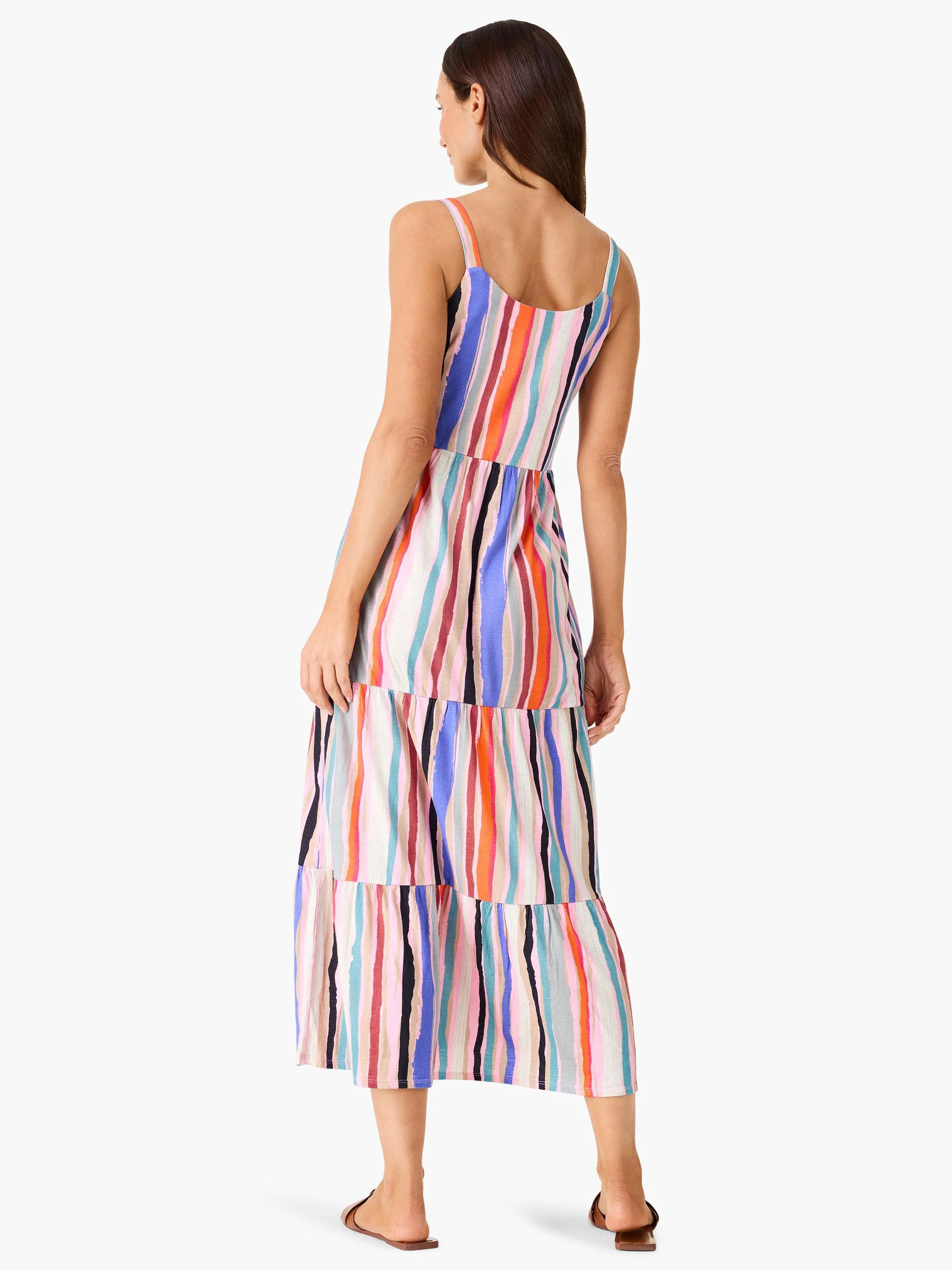 Multicolored tiered maxi dress with vertical stripes in pink, orange, blue, and beige. Sleeveless, spaghetti straps.