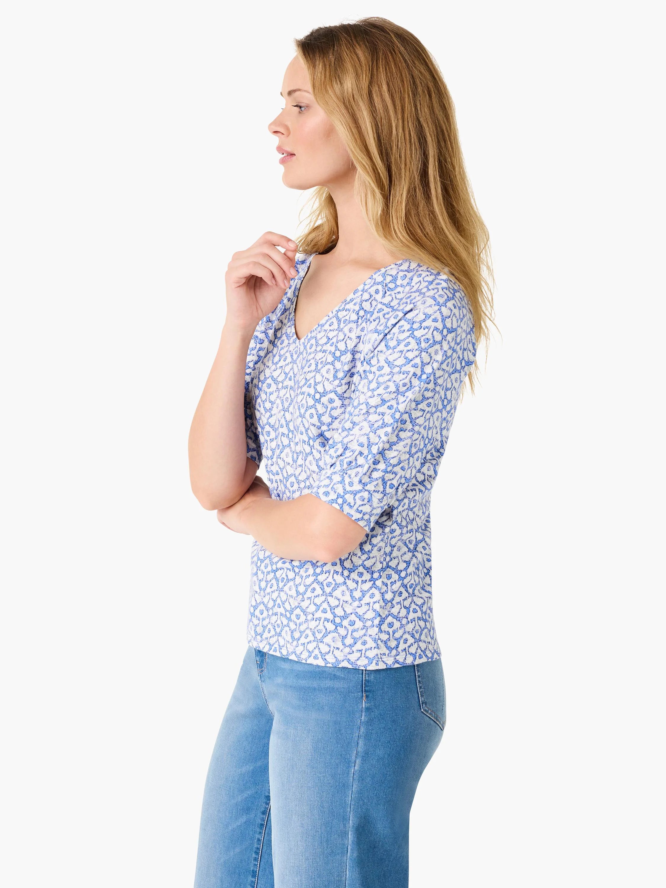 Nzt Dotty Ikat Elbow Sleeve V-neck Tee in Blt