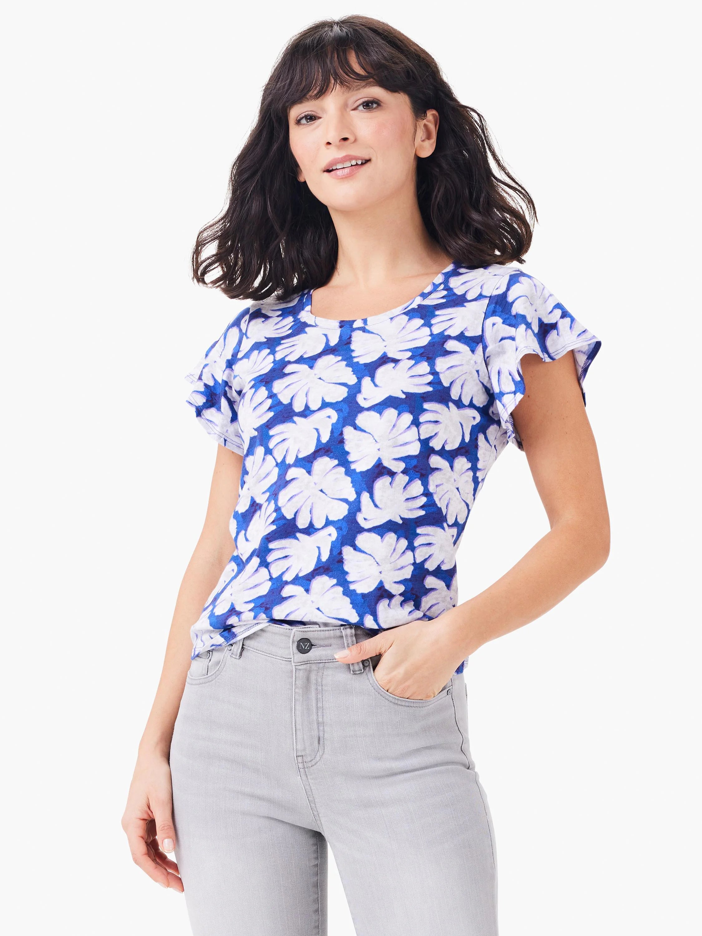 Blue short-sleeve tee with white leaf pattern, flutter sleeves.