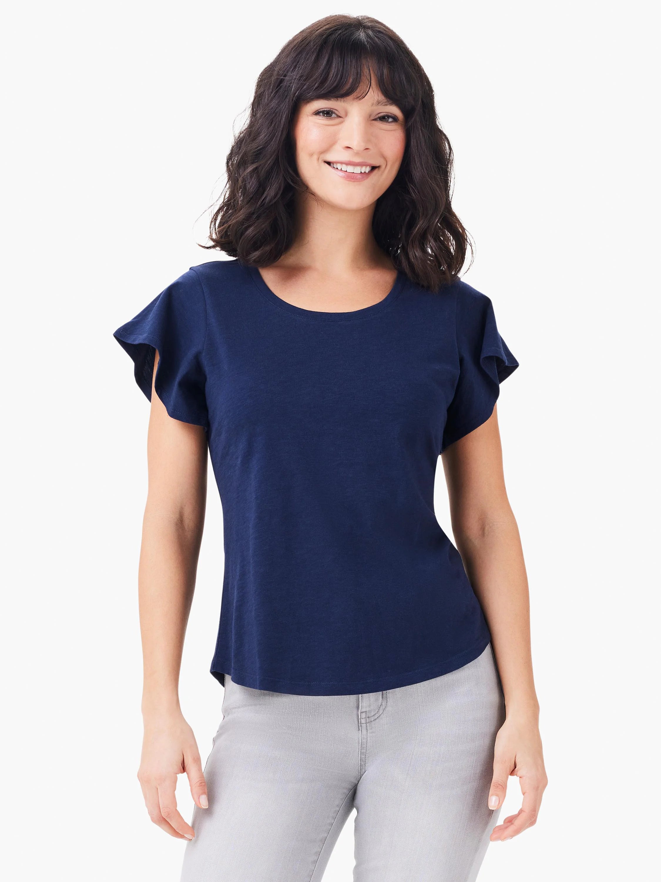 Navy blue short-sleeve shirt; flutter sleeves; round neckline.