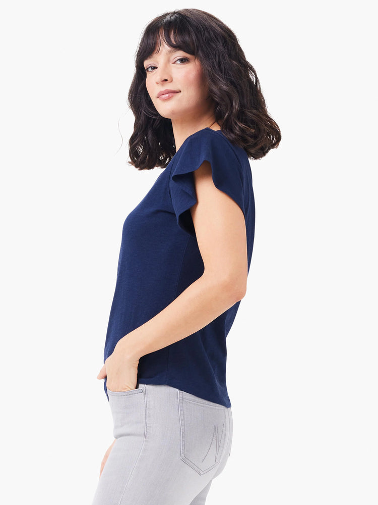 Navy blue, short-sleeve t-shirt with flutter sleeves. Side view.