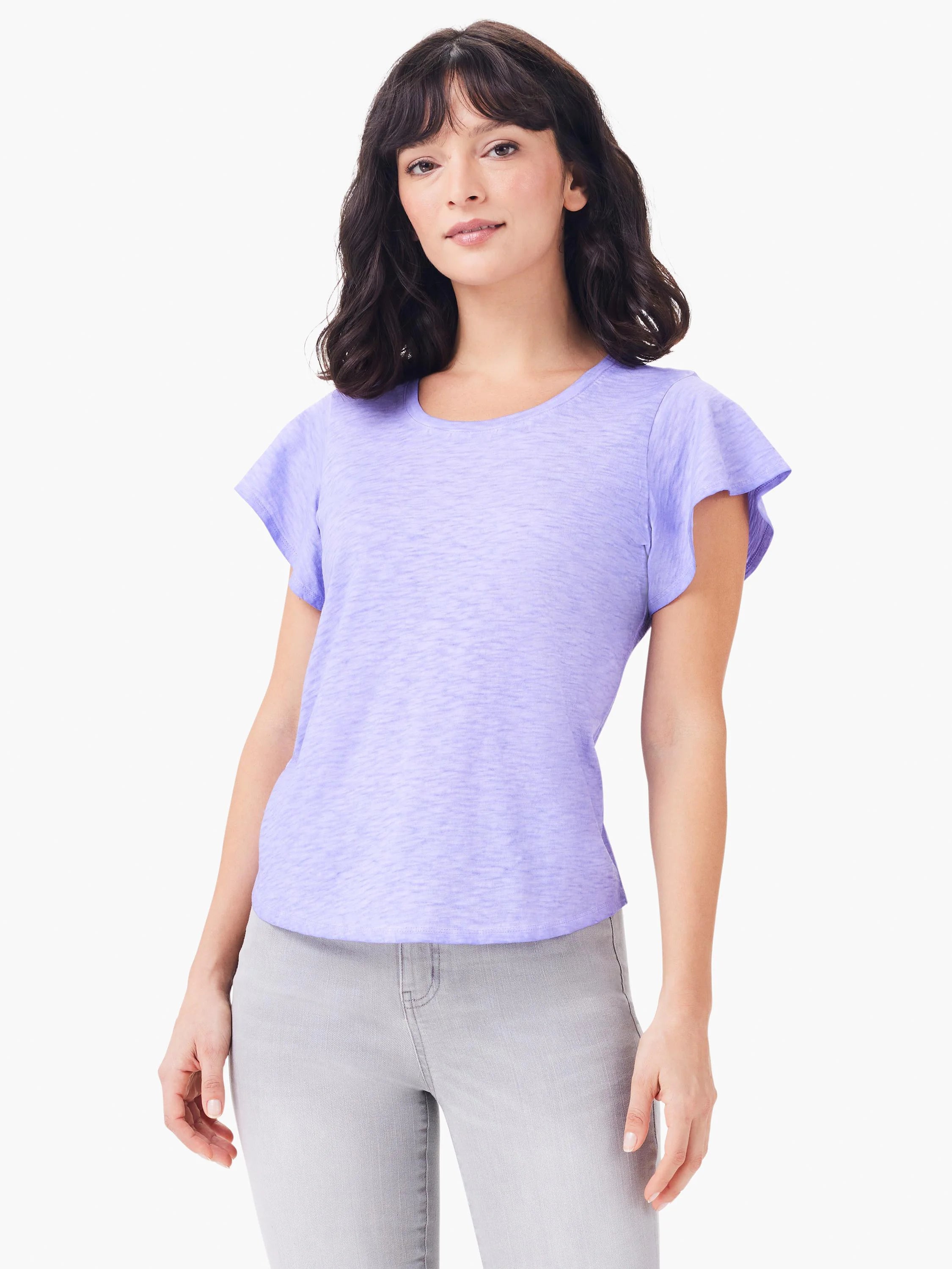 Lavender short-sleeve tee with flutter sleeves. Light purple, textured fabric.