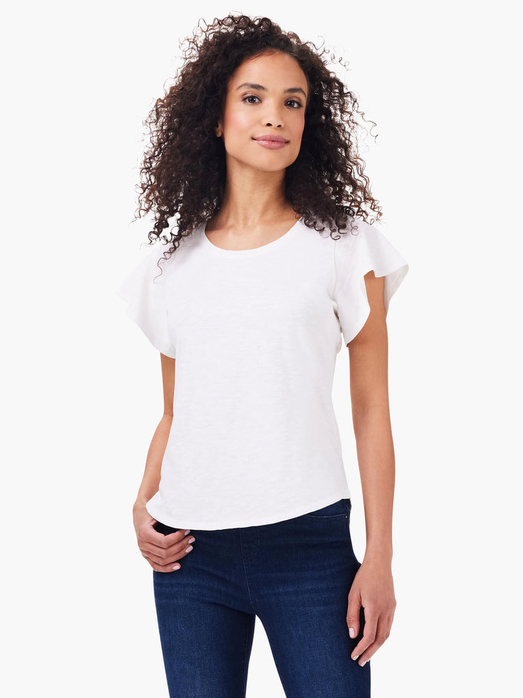 White short-sleeve t-shirt with flutter sleeves. Model wears dark wash jeans.