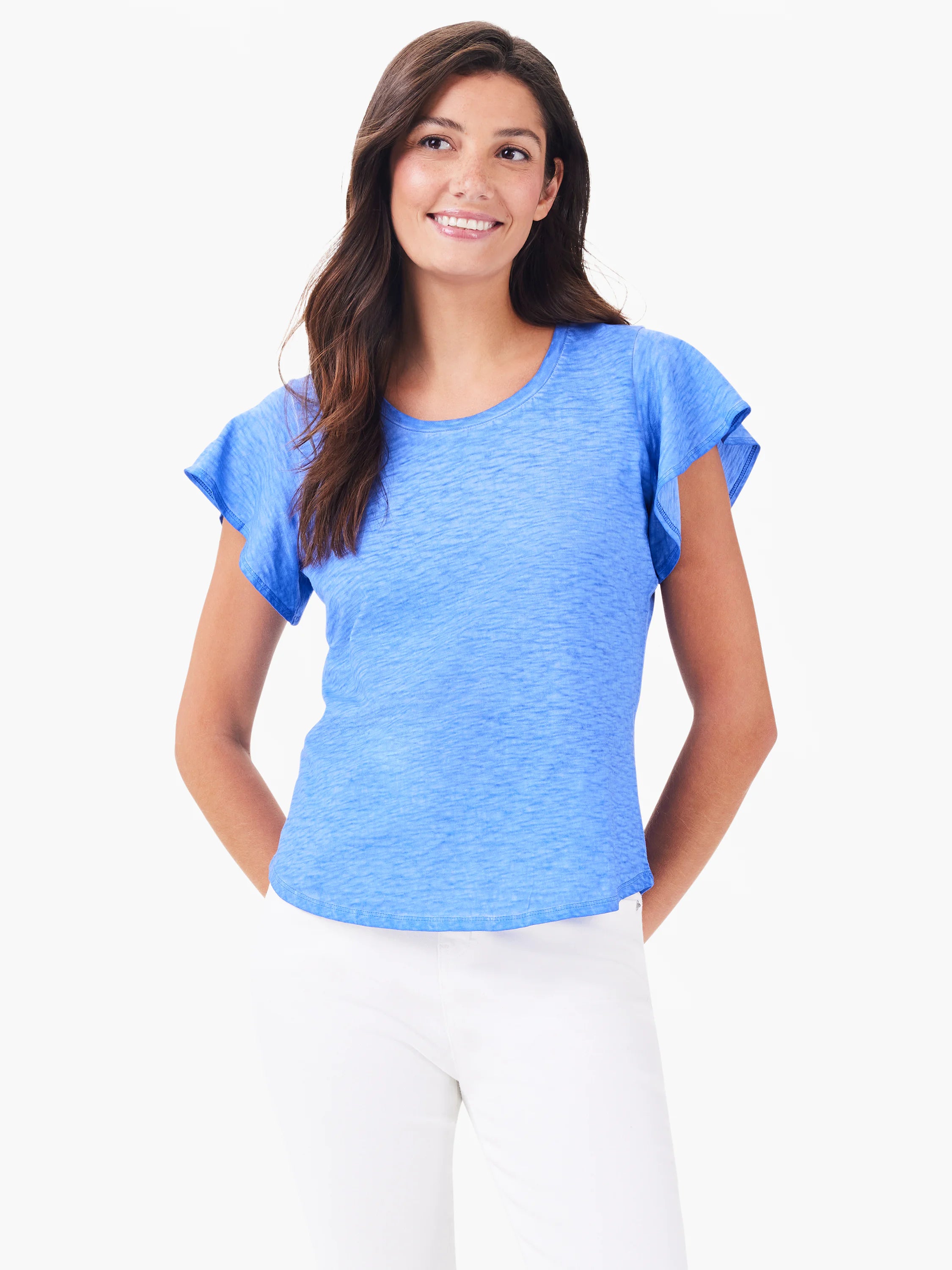 Blue short-sleeve shirt with flutter sleeves. Light heathered texture. Crew neck.