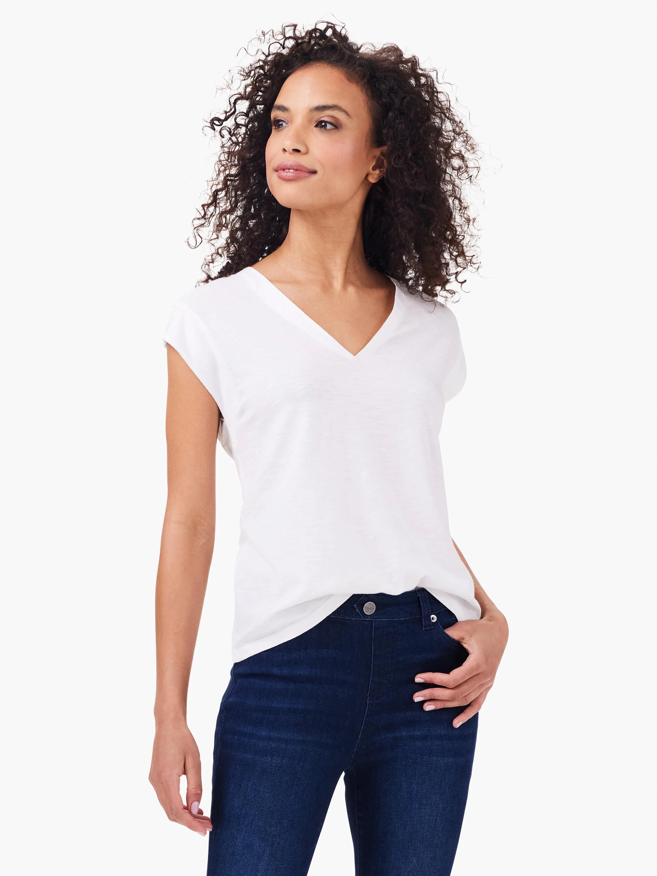 White v-neck tank top with short sleeves, shown on model.