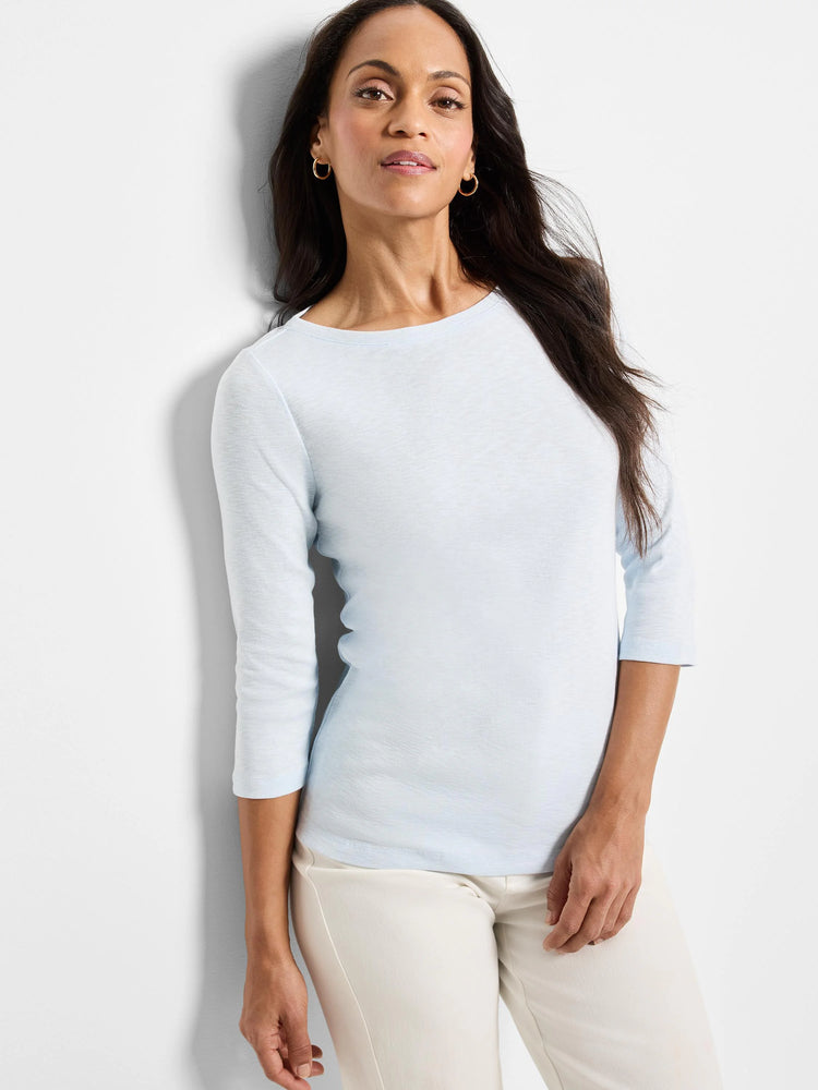 Pale blue 3/4 sleeve boat neck tee.