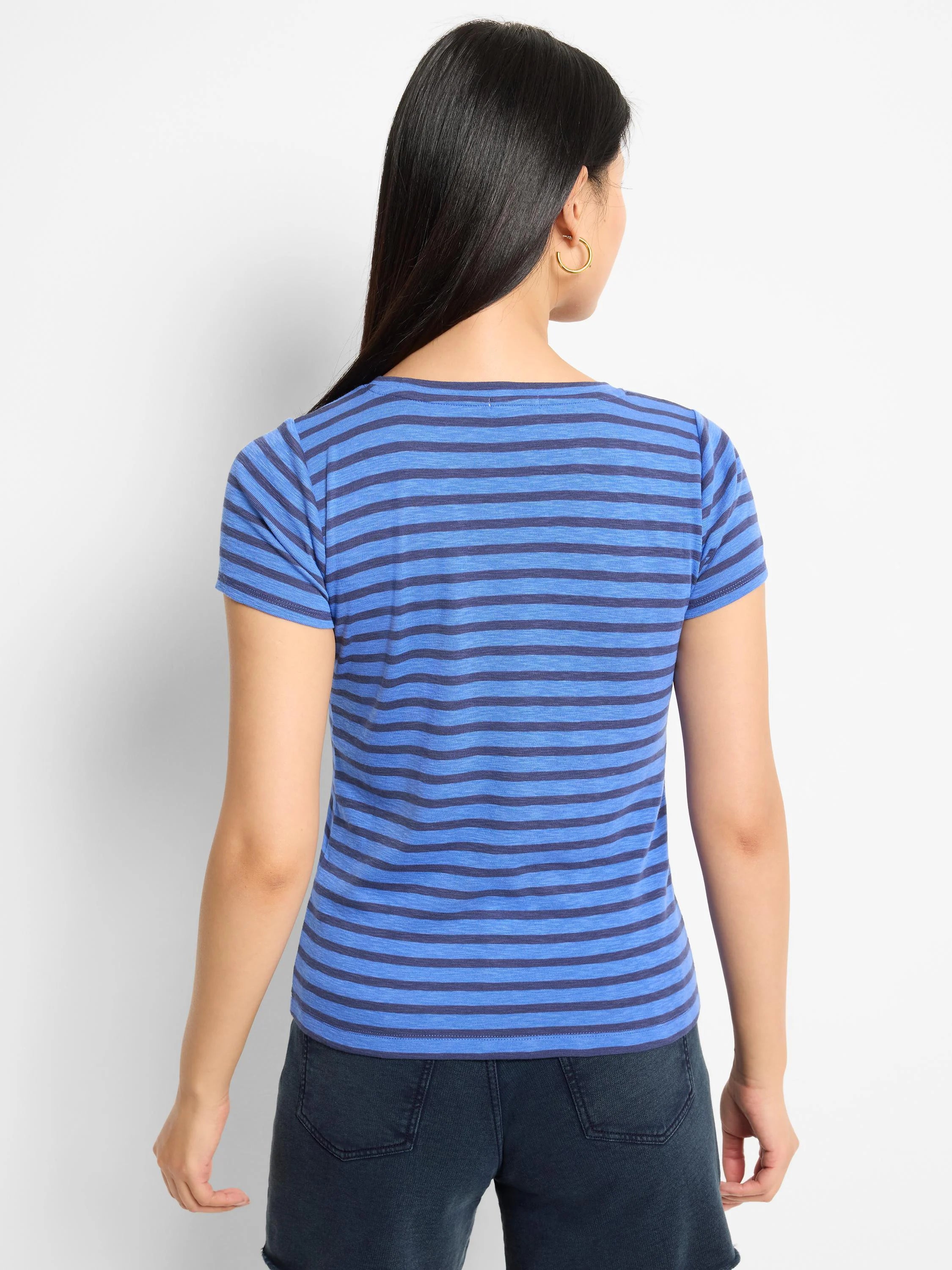 Blue and dark blue horizontal striped short-sleeve crew neck tee.  Back view.