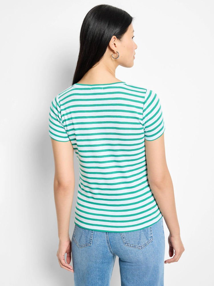 Short-sleeve, crew neck tee. Teal and white horizontal stripes. Fitted.