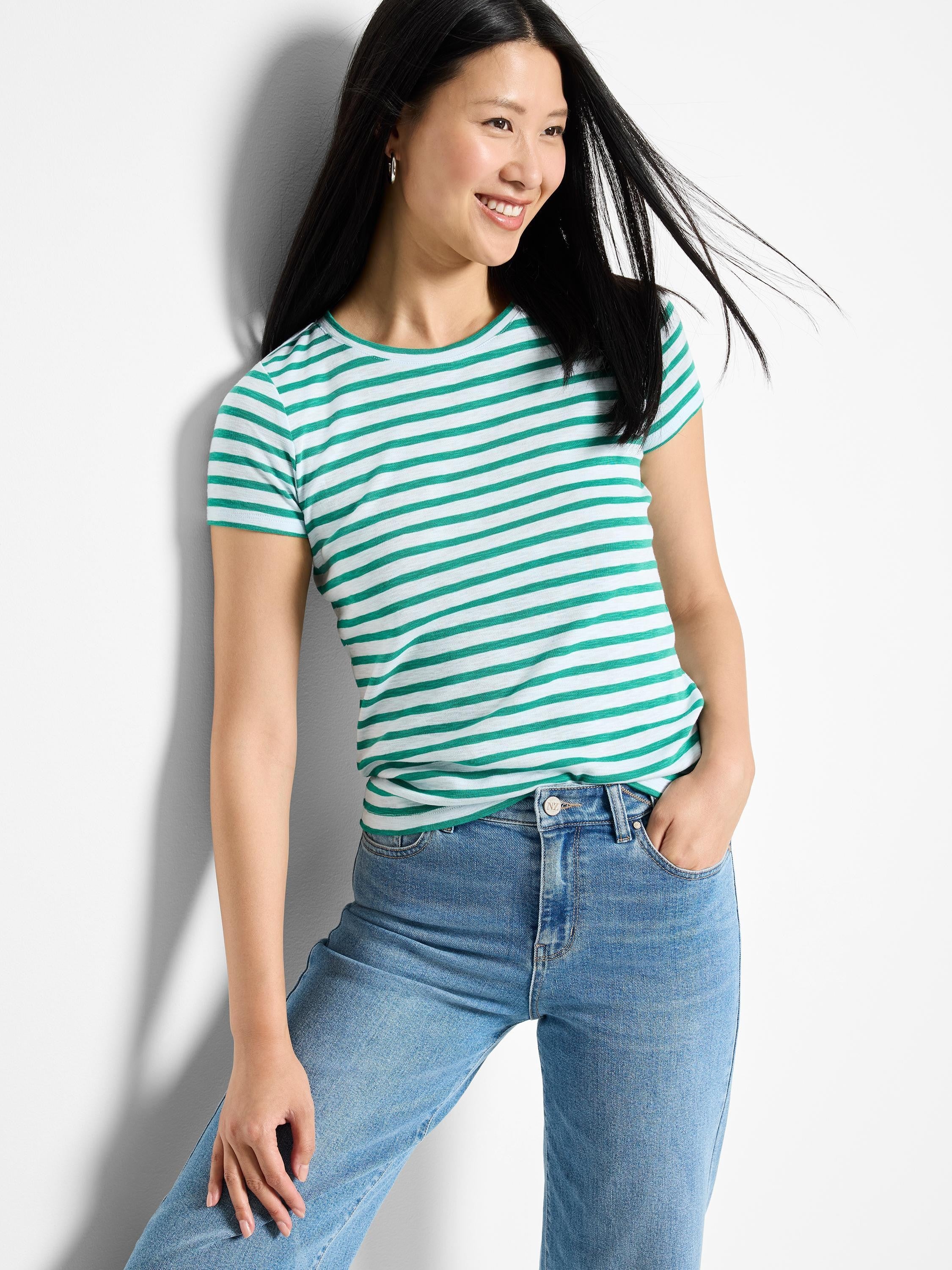 Short-sleeved, crew-neck tee with teal and white horizontal stripes.