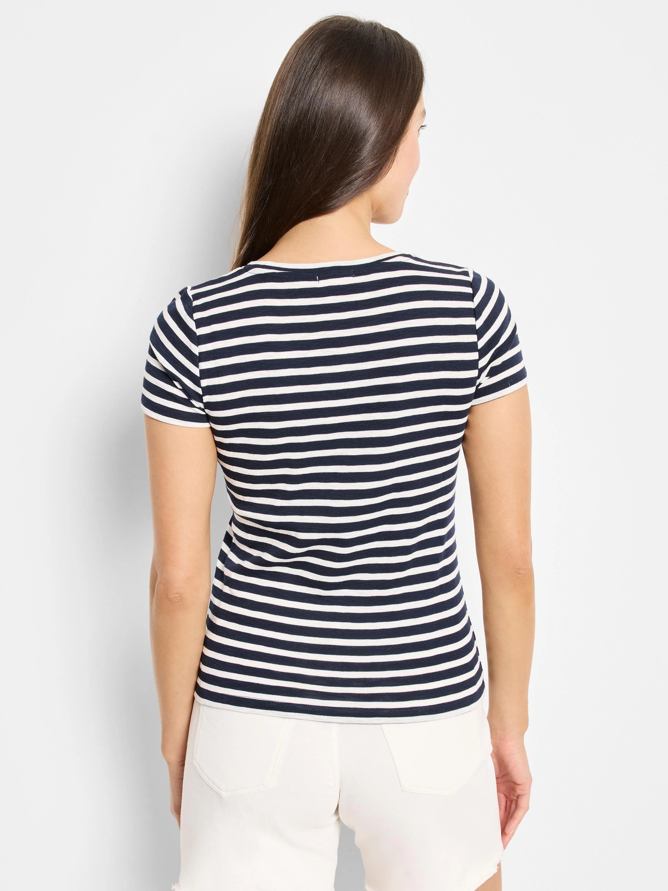 Image of navy blue and white horizontally striped short-sleeved women's t-shirt, shown from the back.