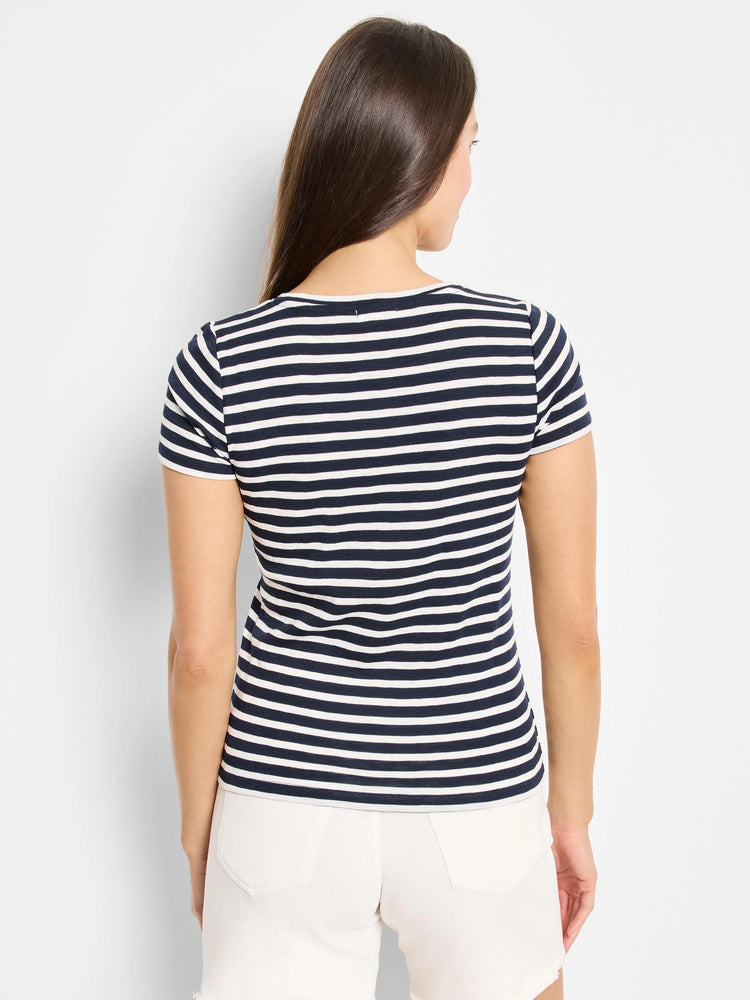 Image of navy blue and white horizontally striped short-sleeved women's t-shirt, shown from the back.