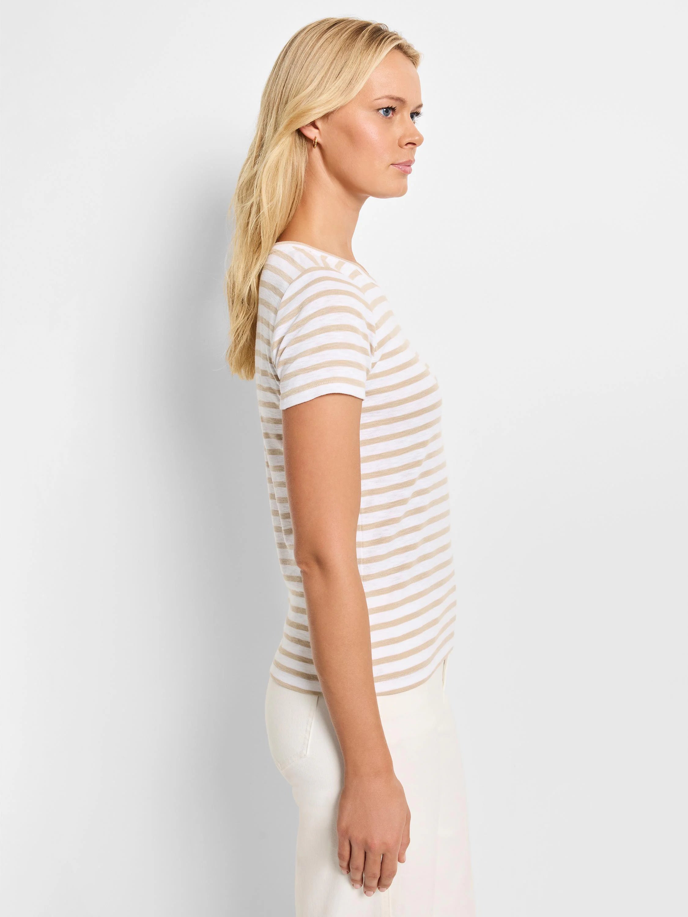 Image of beige and white horizontally striped short-sleeve crew neck t-shirt.