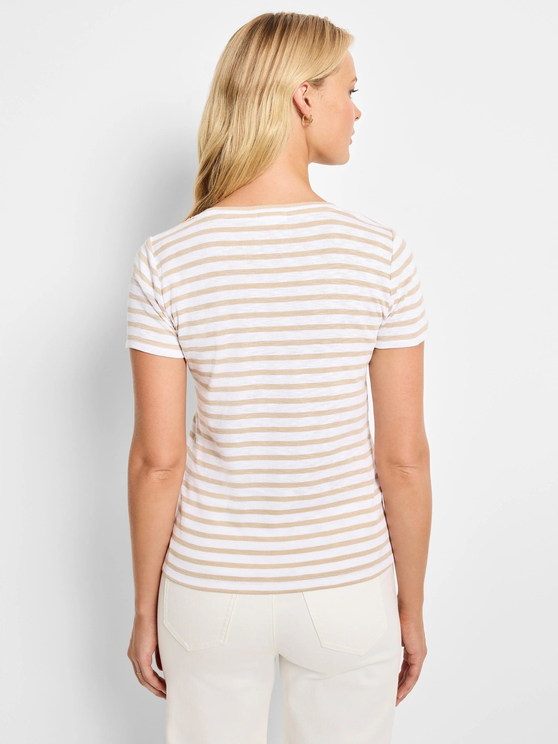 Back view of beige and white horizontally striped short-sleeve crew neck t-shirt.