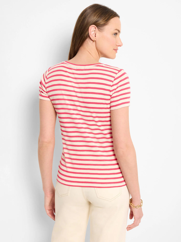 Pink and cream horizontally striped short-sleeve crew neck tee. Back view.
