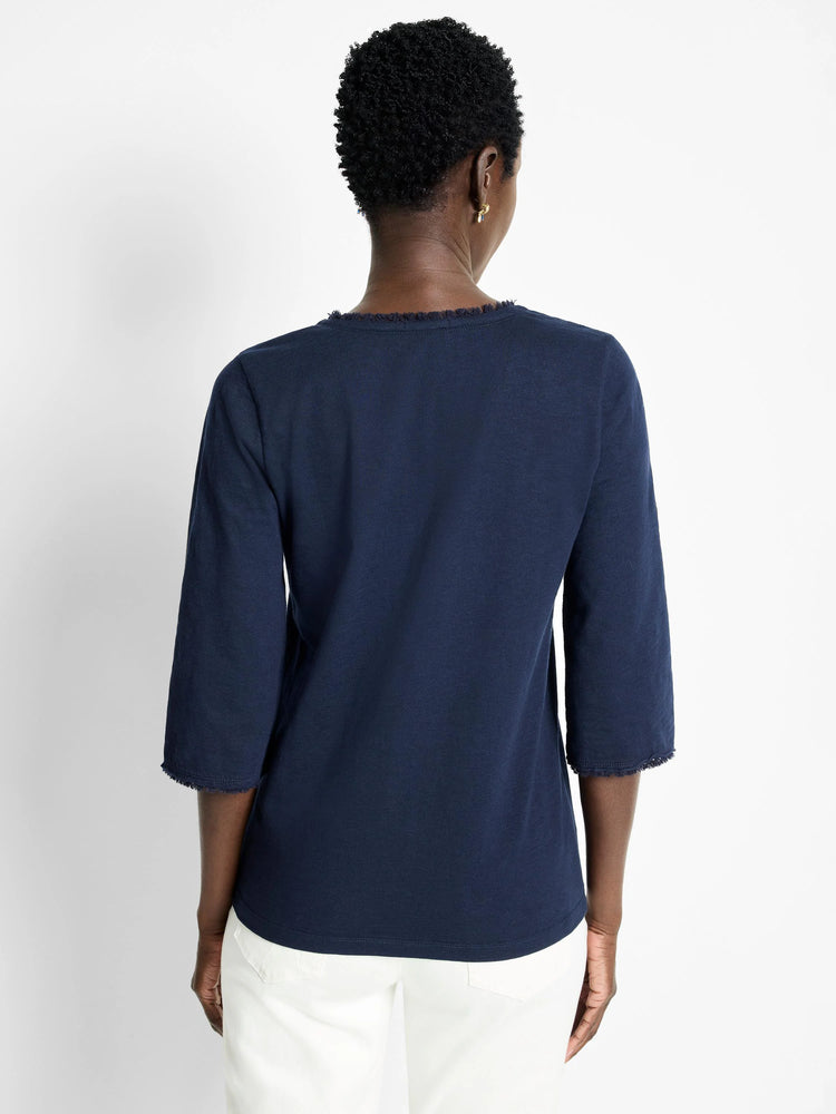 Navy blue 3/4 sleeve shirt; frayed neckline and sleeve hems.