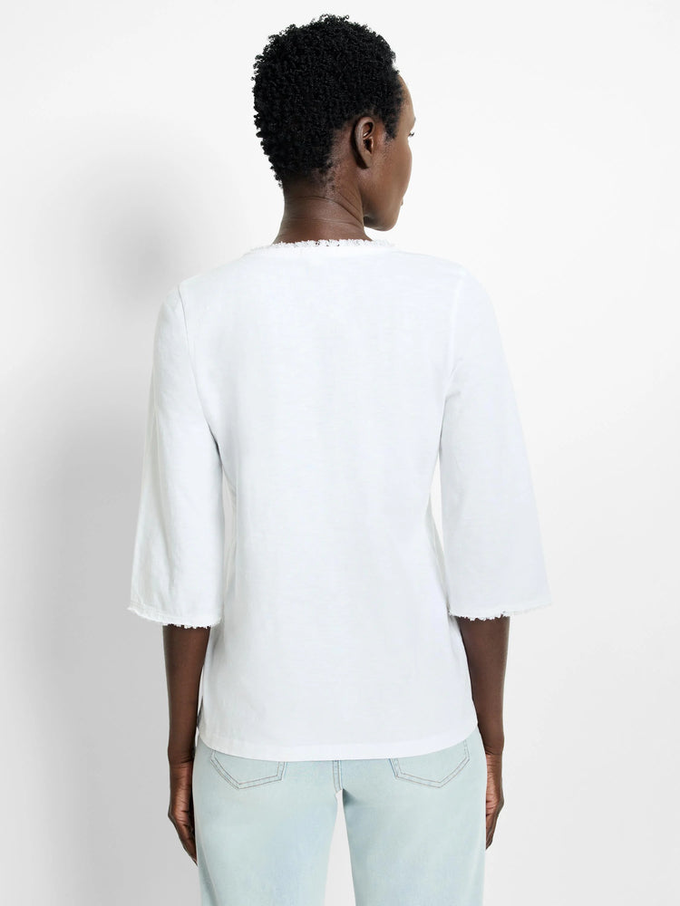 White 3/4 sleeve t-shirt with frayed edges. Back view.