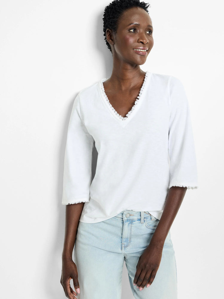 White 3/4 sleeve v-neck tee with frayed edges at neckline and sleeves.
