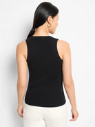 Here's alt text for the image, under 125 characters:
Black sleeveless V-neck ribbed tank top, shown from the back.