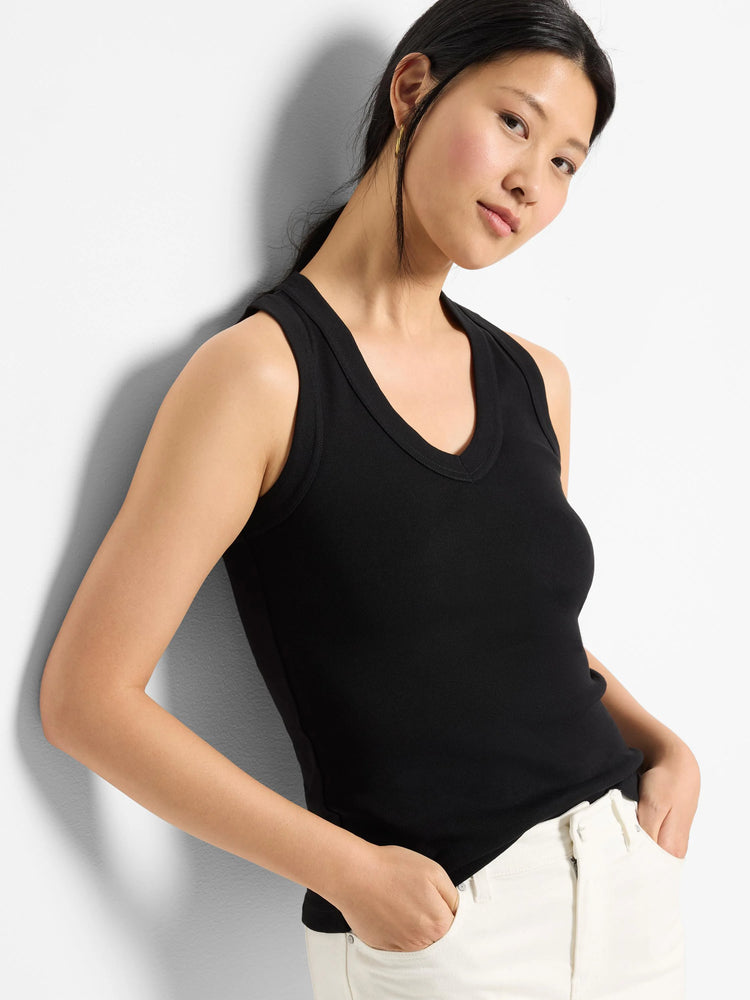 Black ribbed sleeveless V-neck tank top.