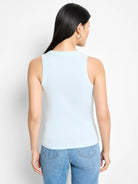 Light blue sleeveless V-neck ribbed tank top, shown from the back.