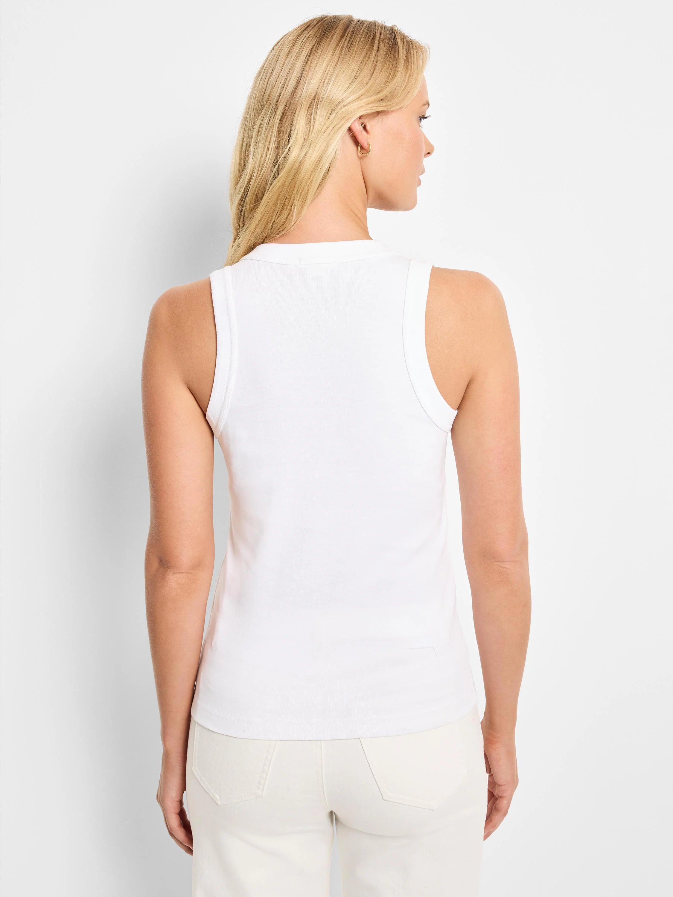 Here's alt text for the image, suitable for visually impaired users:
"White sleeveless V-neck ribbed tank top, shown...