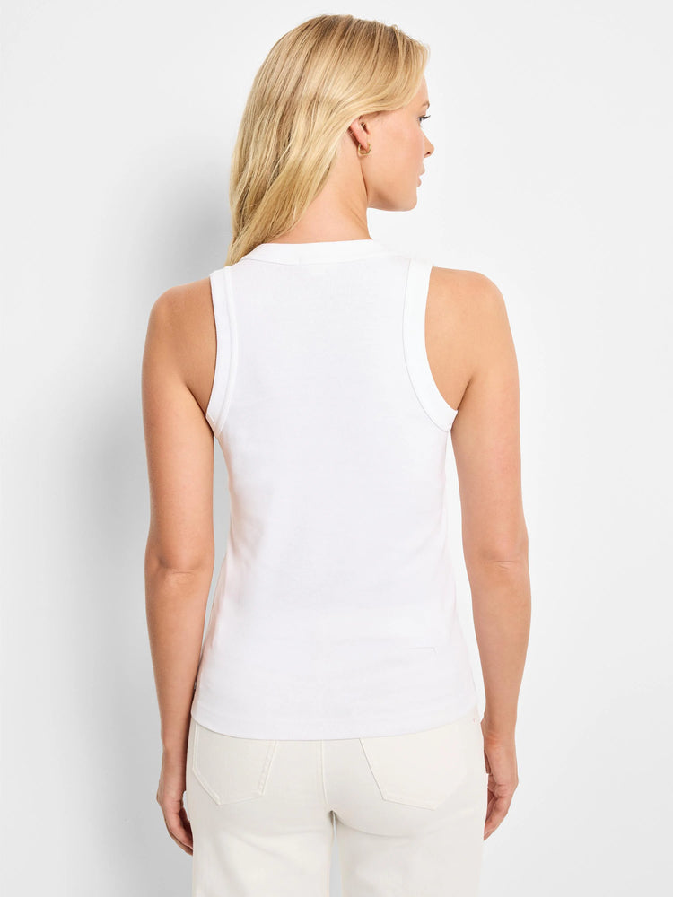 Here's alt text for the image, suitable for visually impaired users:
"White sleeveless V-neck ribbed tank top, shown...