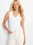 White ribbed sleeveless v-neck tank top.
