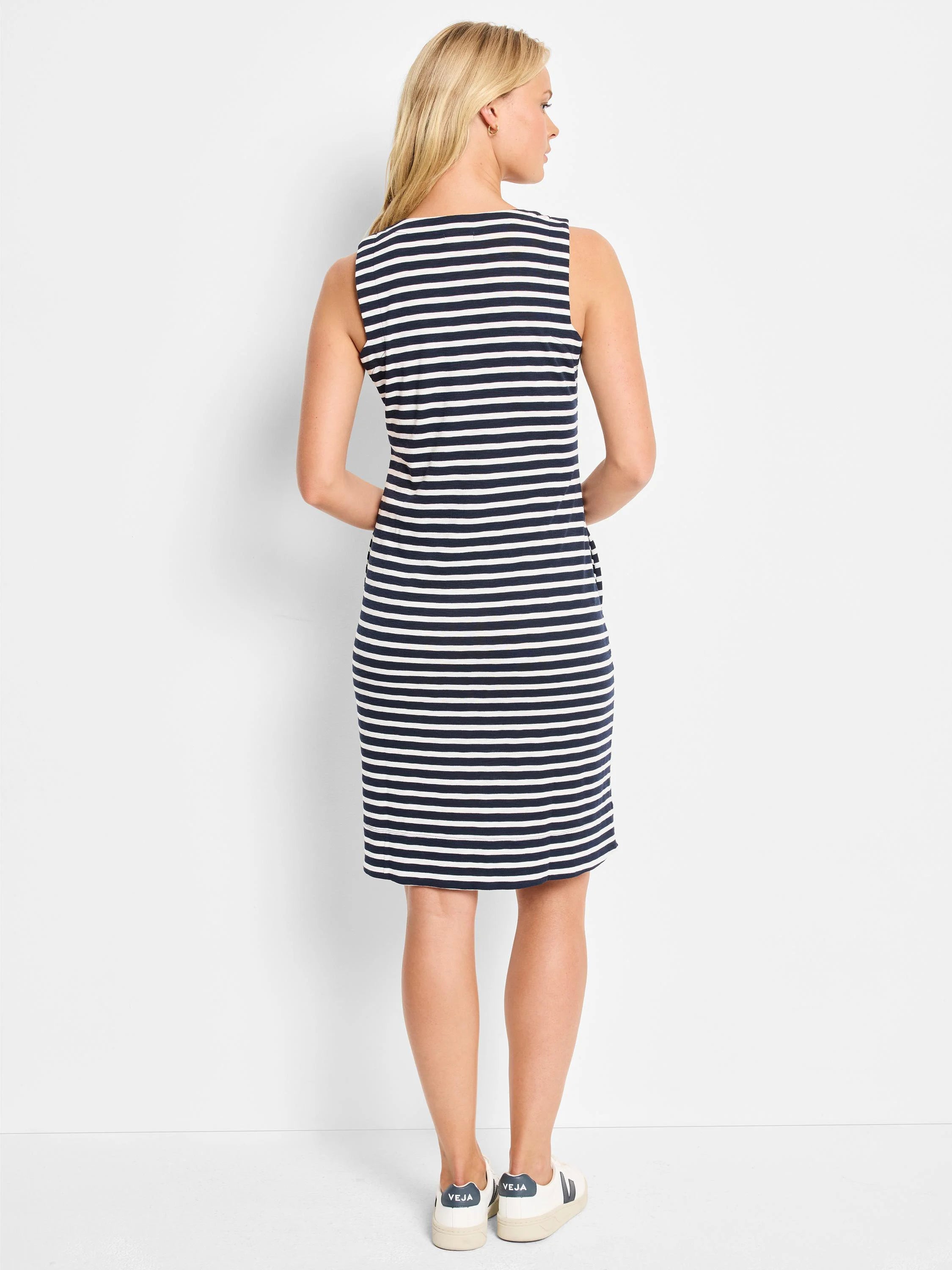 Here's alt text for the image, fitting within the character limit:
"Sleeveless navy and white striped midi dress, V-neck.