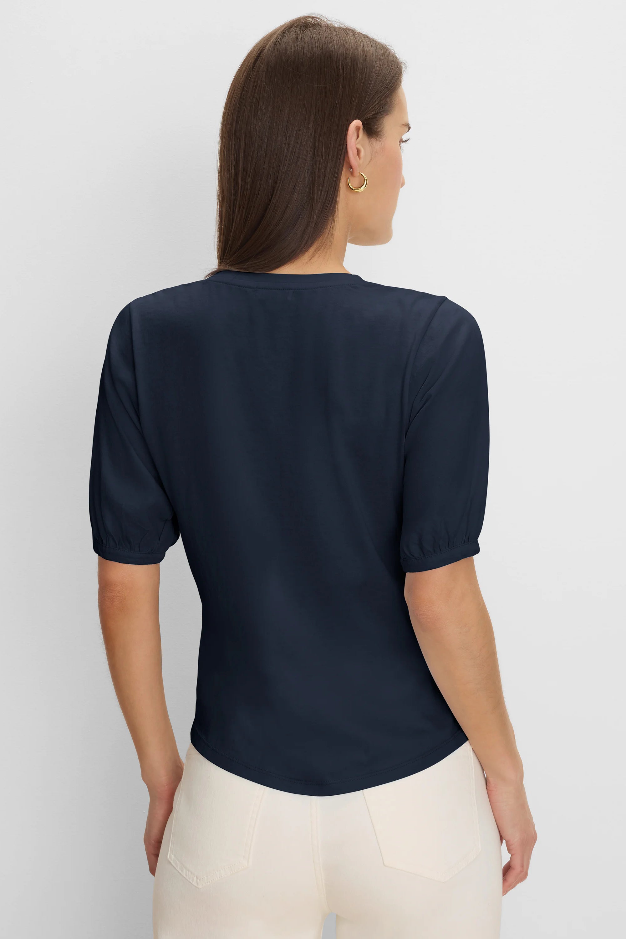 Navy blue tee with elbow-length sleeves and gathered cuffs, shown from the back.