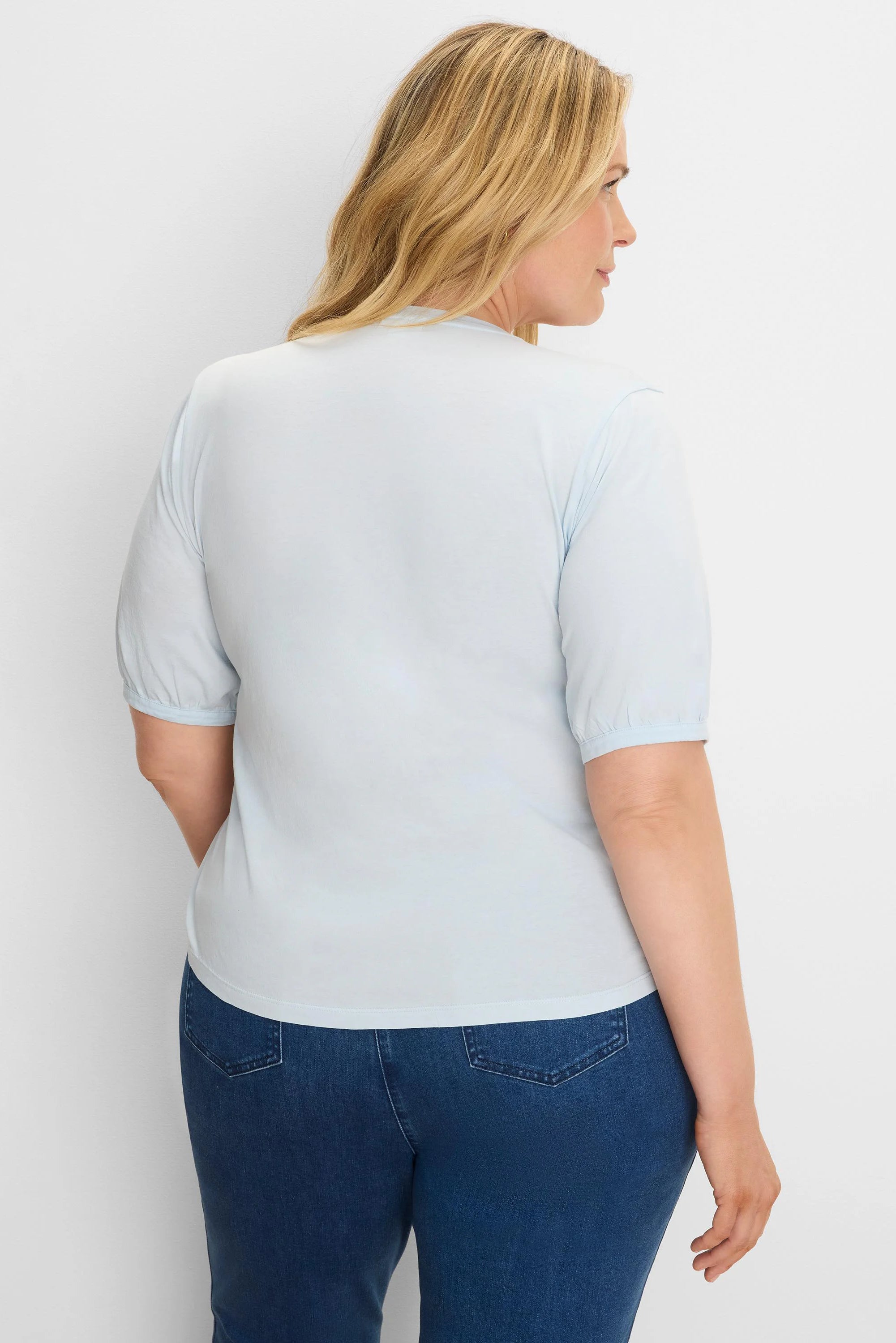 Light blue elbow sleeve tee, back view, with gathered cuffs.