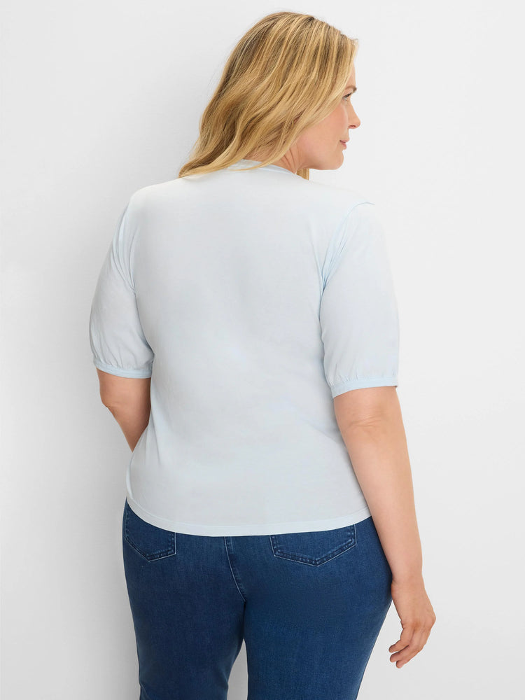 Light blue elbow sleeve tee, back view, with gathered cuffs.