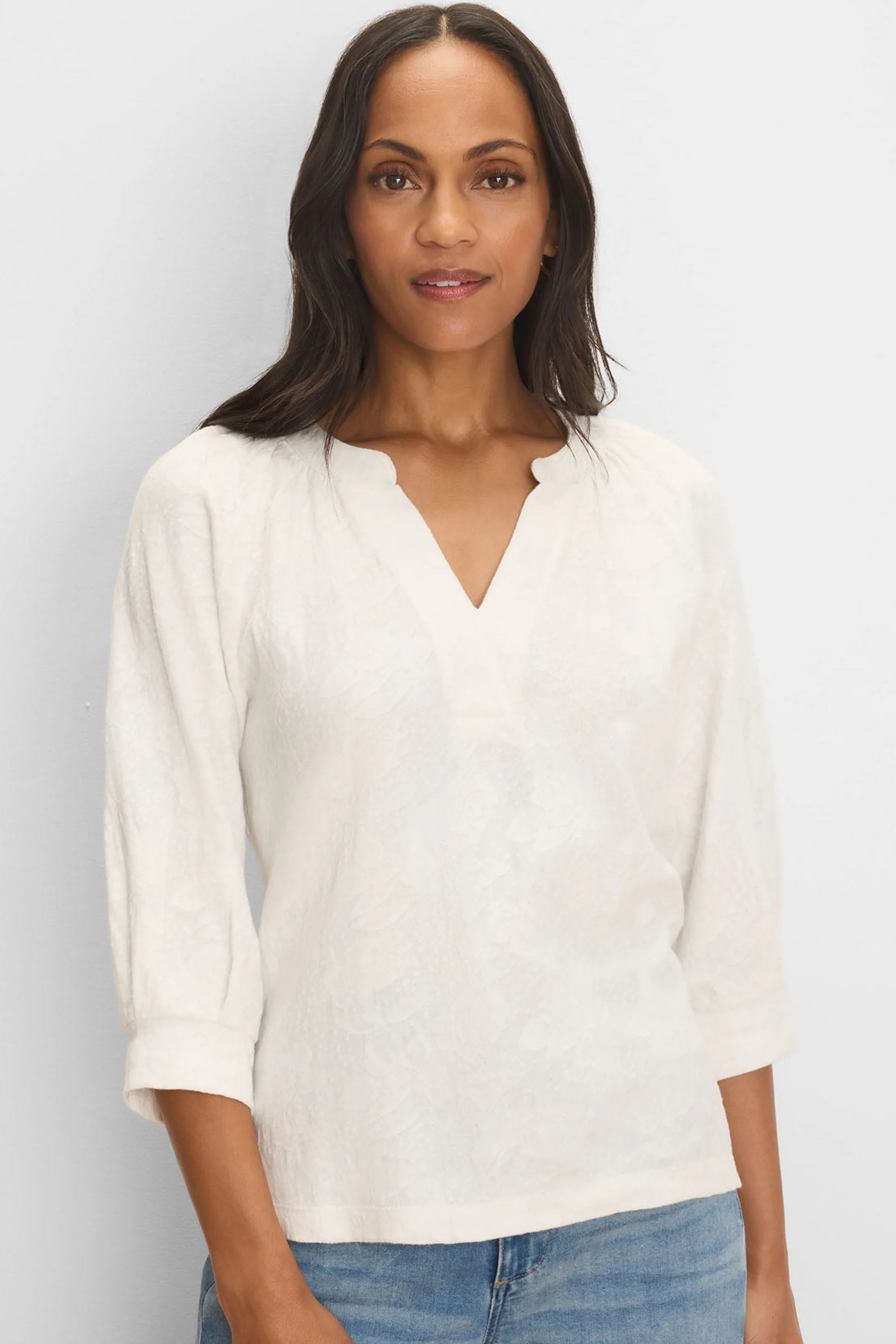 Off-white top with subtle lace knit texture, split V-neck, and 3/4 sleeves.
