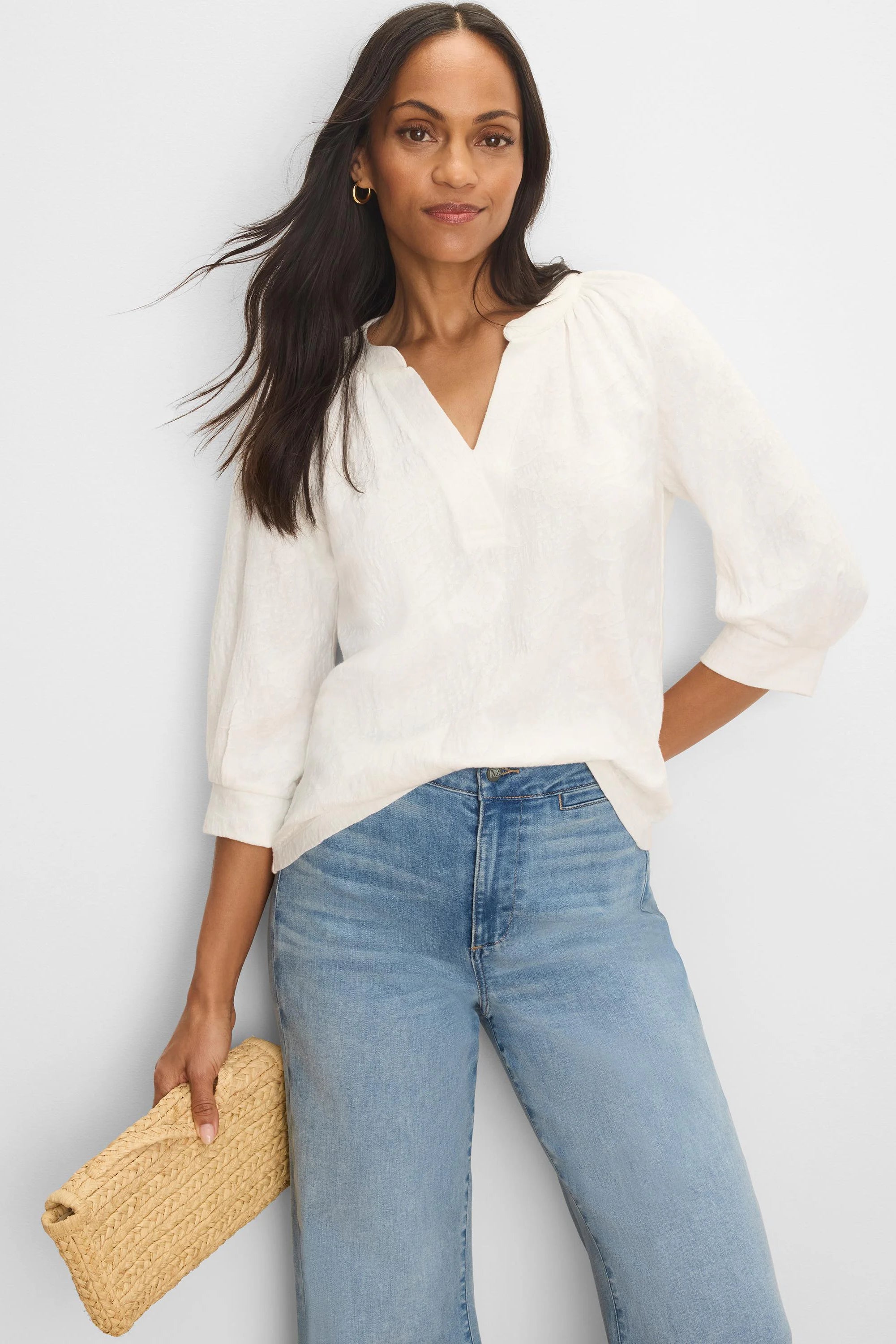 Cream lace-knit top with subtle texture, split V-neck, and 3/4 length gathered sleeves.